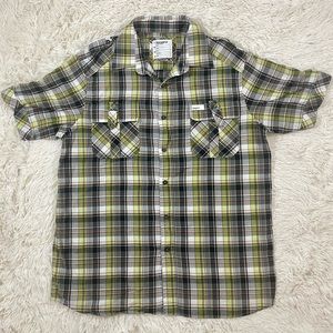 Size XL‎ Vintage Y2K ROCAWEAR Short Sleeve Button Down Shirt Black Yellow Plaid